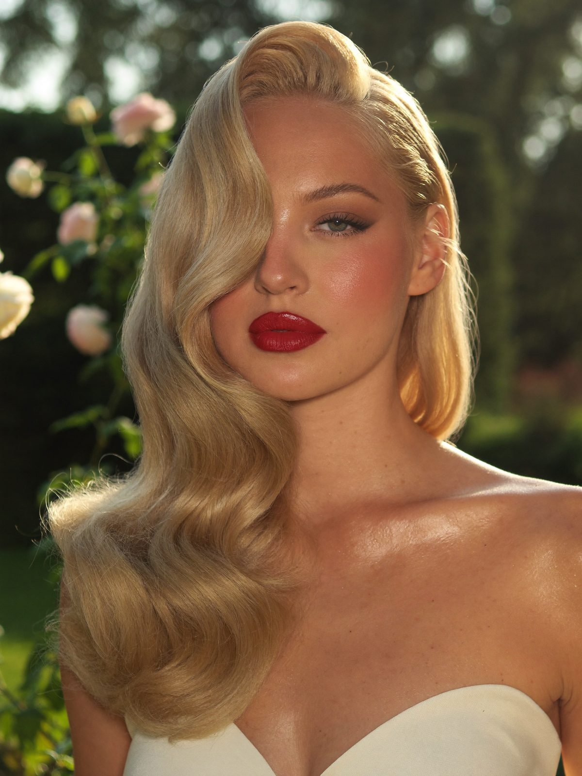 Old Hollywood glam bridal makeup with a bold red lip and soft waves, La Jolla wedding